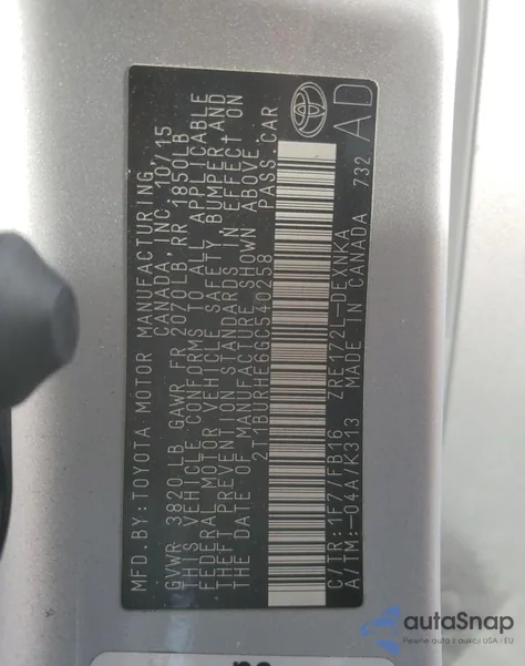 2016 Toyota Corolla L z USA, uszkodzony, nr VIN 2T1BURHE6GC540258